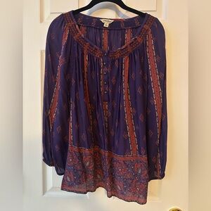 Lucky Brand Rosie Purple Scarf Print Blouse Size Large